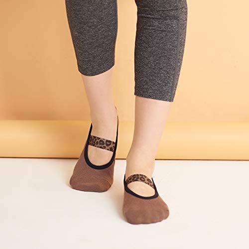 Aprilaugust Yoga Socks With Non Slip Grips & Leopard Strap, Perfect For Pilates, Barre, Ballet (Brown Leopard Strap (1Pair), Small) #TOP5