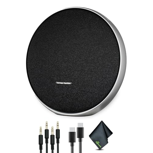 Harman Kardon Onyx Studio 9 Portable Stereo Bluetooth Speaker (HKOS9BLKJN) Bundle Including: 2X Aux Cable, Power Supply, Type-C Cable, Fiber Cloth