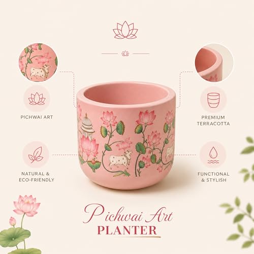 Image of Habere India-All the Cultures Fabricating India Pichwai Art Hand Painted Terracotta Planter | Pink Lotus Floral Indoor Plant Pot | Breathable Clay Pot with Drainage Hole (Pink: L12 x W12 x H10 cm)