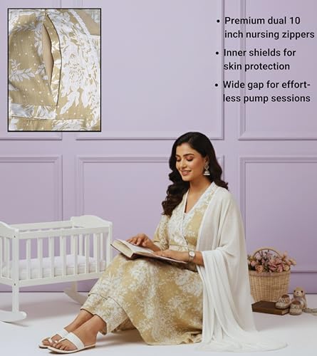 Image of DUMMY SHAPE Maternity Dresses for Women Cotton | Floral Kurta Pant Dupatta Set with Nursing Zippers, Side Pocket | Pre & Post Pregnancy | Feeding Kurti Suit | Baby Shower | Gifts for Pregnant Woman