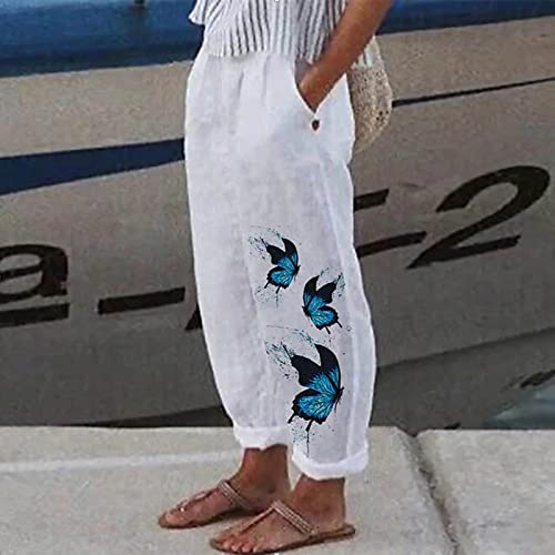 Yuzhih Retro Women Linen Harem Pants With Pockets Boho Comfy High Waist Dragonfly Print Loose Capri Pants Palazzo Trouser(Large,1-Blue) #TOP2
