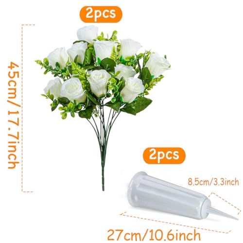 Artificial Cemetery Flowers, Set of 2 Artificial Rose Bouquet Grave Memorial Flowers with Vase for Cemetery Headstones Decoration (White) image 2