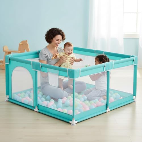 Image of ShivAnanta Baby Playpen for Home Indoor Kids Safety Play Fence with 30 Balls Mesh Play Area for 2+ Toddler Activity Zone Portable Baby Play Yard Anti Slip Child Play Space for Crawling Babies Secure Enclosure (Blue)