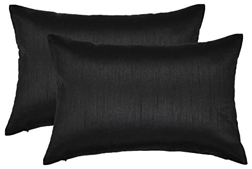 Aiking Home 12x18 Inches Faux Silk Rectangular Throw Pillow Cover, Zipper Closure, Black (Set of 2)