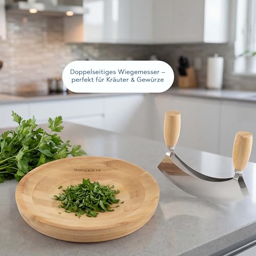 Foto von Hanseküche Wiegemesser Set mit Bambus Schneidebrett – 2-Klingen Kräutermesser aus Edelstahl – Kräuterhacker zum Hacken & Schneiden von Kräutern, Nüssen & Knoblauch – Profi Küchenhelfer