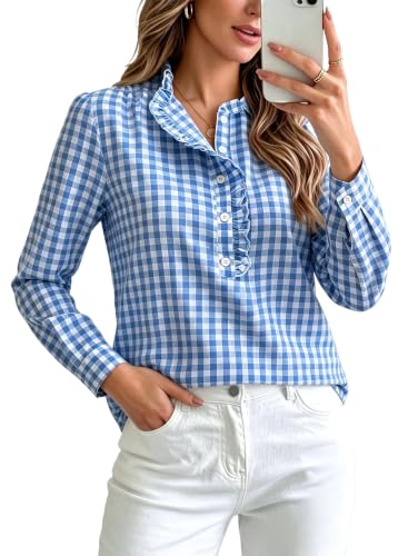 Halife Puff Sleeve Tops for Women Vneck Plaid Shirts Business Casual Outfit - image 1