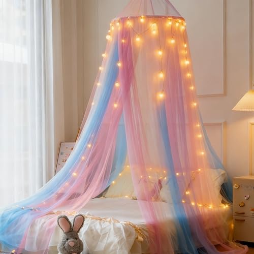 Image of Princess Rainbow Bed Canopy with Lights for Girls Bed Net,Princess Canopy for Kids Bed Room Decor (Rainbow + Lights)