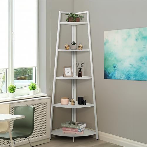Image of CAPHAUS Tall Corner Shelf Stand, 5-Tier Display Shelves, Ladder Corner Wood Storage Plant Bookshelf with Metal Frame, Versatile Shelving Unit Bookcase for Home Office Space, White