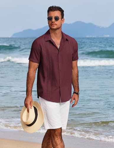 Image of COOFANDY Mens Cuban Guayabera Shirt Short Sleeve Button Down Shirts Summer Beach Vacation Shirts