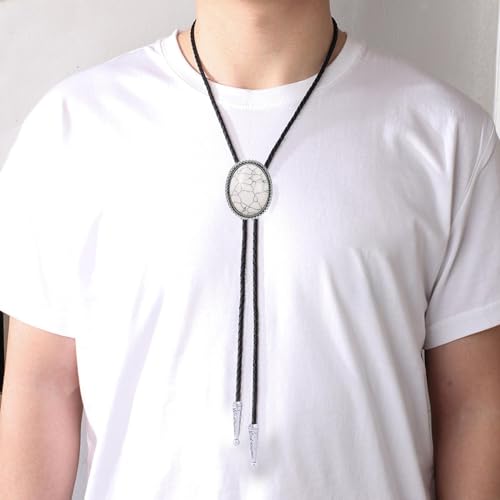 Image of GelConnie Bolo Tie for Men Women Western Cowboy Turquoise Leather Necktie | Natural Stone Bolo Tie Necklace for Women Rodeo Cowboy Leather Necktie Native American Western Cowgirl Ties Adjustable Cord