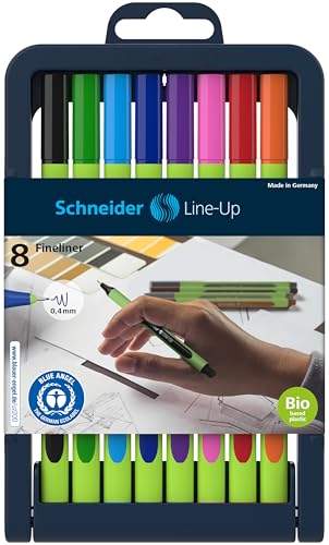 Schneider Line-Up Fineliner (Feutre fin triangulaire, épaisseur de trait 0,4mm, corps en plastique bio-sourcé, fabriqué en Allemagne) 8 pièces assorties