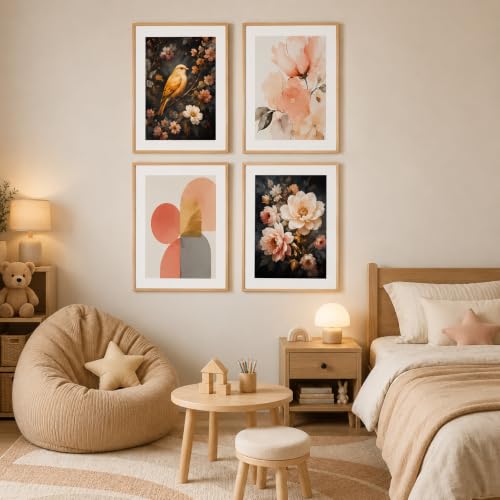 Image of Livin'luxe Set of 4 Floral Bird & Abstract Wall Paintings with Sparkle Laminate and Premium Wooden Synthetic Frame for Living Room Bedroom Office Decor (13.5 x 19.5 Inch)