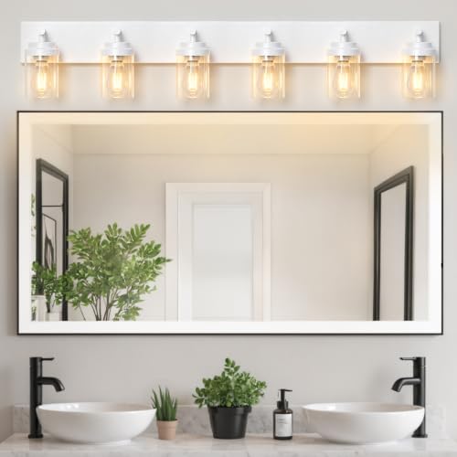 Image of IZORRO Bathroom Light Fixture White, Clear Glass Shade 46-Inch 6-Light