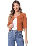 Allegra K Denim Jacket for Women's Collarless Cardigan 3/4 Sleeve Crop Jean Jackets Large Orange