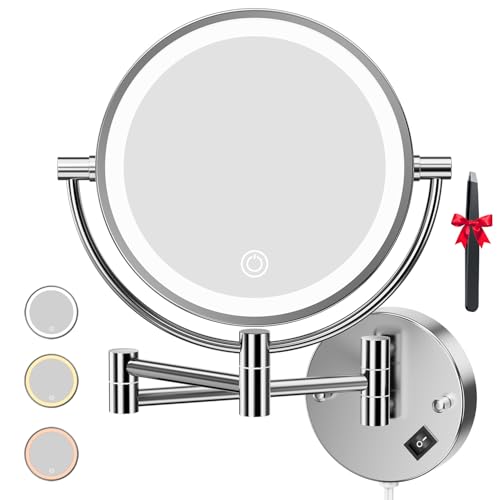 Auxmir Espejo Maquillaje con Luz Pared, Aumento 1X/30X Doble Cara Giratorio 360, Espejo Baño Extensible Táctil con Enchufe, 3 Colores Brillo Regulable, para Hotel, SPA, Plata