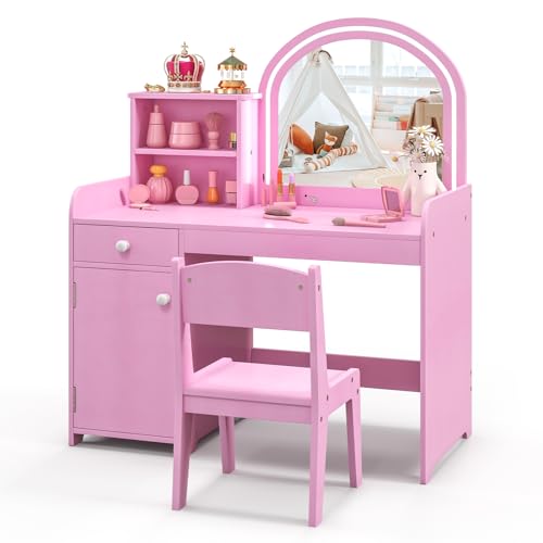 KOTEK Kids Vanity Table and Chair Set, Girls Vanity Set with Mirror and Lights, Storage Drawer, Open Shelf, Enclosed Cabinet, Wooden Princess Dressing Table Makeup Vanity for Kids (Pink)