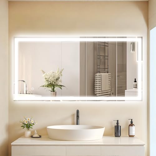 Clevich Badspiegel mit Beleuchtung 120×60 cm, LED Spiegel mit 3 Lichtfarben Dimmbar, Gehärtetes Glas Explosionsschutz, Touch-Schalter, Memory-Funktion, Beschlagfrei, Badezimmerspiege mit Licht