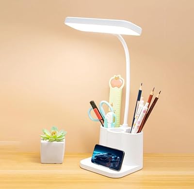 Desk Lamp with Pen Holder, 3 Brightness Levels Adjustable Dimmable Rechargeable Gooseneck Led Desk Lamp for Office Women Bedroom Home Dorm