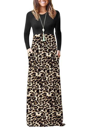 AUSELILY Women's Casual Long Sleeve Maxi Dress Loose Long Dresses with Pockets Brown Leopard Join Black XL