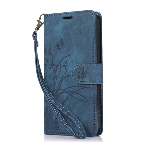 Étui iPhone 16E Bleu avec portefeuille en cuir et fermeture magnétique motif papillon
