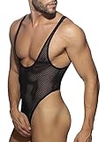 Agoky Men's Sheer Bodysuits Sissy Lingerie Leotard High Cut Singlet See Through Crossdress Nightwear Black#Diamond Large