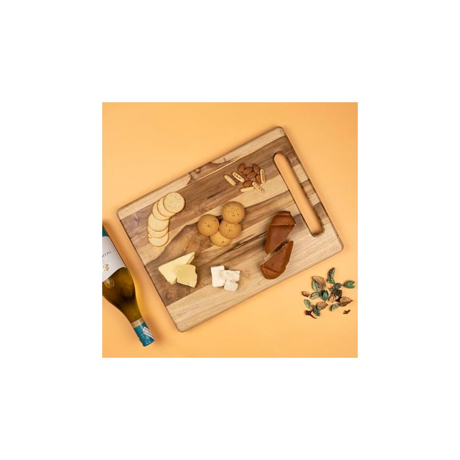 GoCraft Teak Wood Rectangular Cutting Board | Wooden Serving Board with Cut-Out Handle, Cheese Board, Charcuterie Platter, Chopping Board for Vegetables, Meat, Cheese - 16.75" x 12.5"