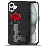 yicomon Compatible with iPhone 16 Case, Rose On Gun Pattern Print Matte Phone Case Durable Fashion Funny Liquid Silicone Case Soft Anti-Scratch Shockproof Protective Cover