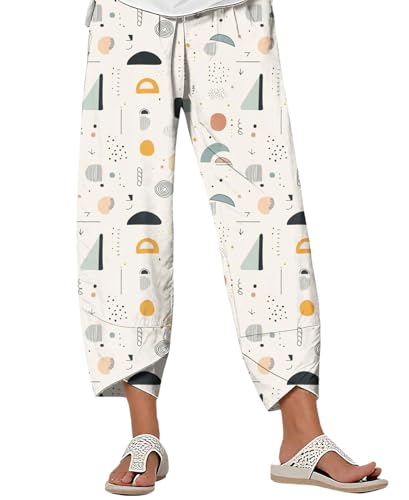 Summer Cotton Linen Printed Pants Casual Cropped Palazzo Lounge Pants Trendy Comfy Baggy Trousers with Pockets