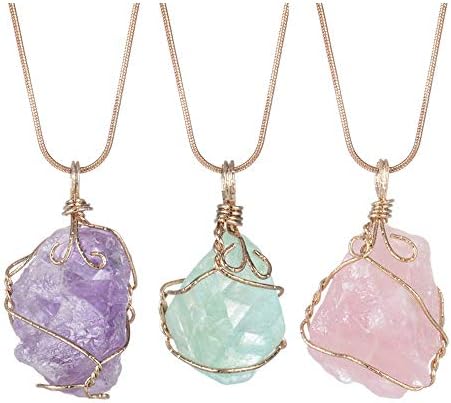 JUNHAN 3PCS Raw Irregular Crystal Pendant Necklace for Women Natural Tumbled Rock Quartz Wrapped Gold Wire Chakra Gemstone Jewelry with 2 Different Chains