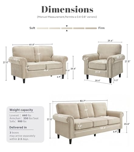 Image of Kingfun Loveseat 2&3 Seater Couch with Chair, Mid Century Modern Chenille Sofa Set with Rolled Arms and Deep Seats, Fluffy Comfort for Living Room, Apartment, Easy Assembly, Khaki