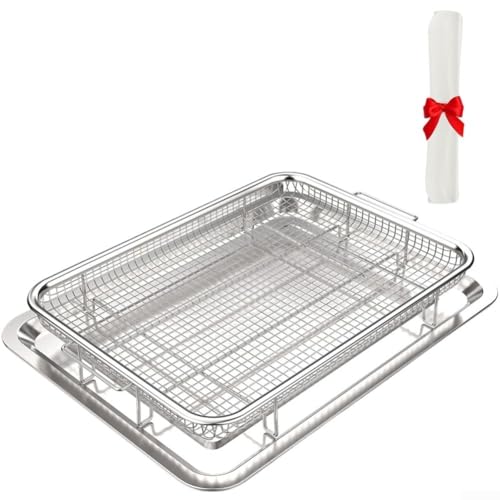Cesta y bandeja para freidora de aire de horno de acero inoxidable de 40 x 30 cm con 30 papeles para hornear, accesorios cuadrados grandes para asar a la parrilla, apto para lavavajillas, plateado