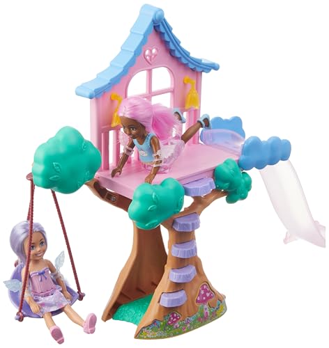 Image of Barbie Treehouse Playset with 2 Chelsea Small Dolls, Toy Car, Swing, Slide, Seesaw, Fairy Wing Accessories & Sticker Sheet