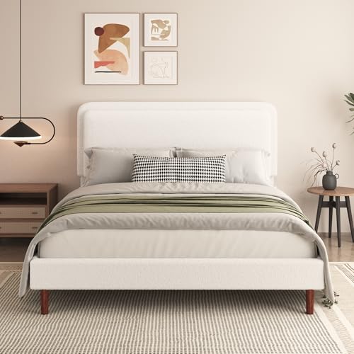 Mxhtcewz Queen Size Boucle Platform Bed Frame with Adjustable Headboard, Upholstered Cloud Bed, Solid Wooden Legs, Easy Assembly, No Box Spring Needed, White Mxhtcewz Queen Size Boucle Platform Bed Frame with Adjustable Headboard, Upholstered Cloud Bed, Solid Wooden Legs, Easy Assembly, No Box Spring Needed, White - Image 1