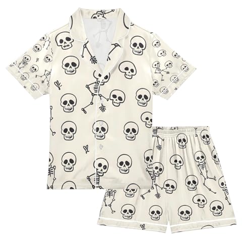 senya Skeleton Cartoon Style Satin Summer Pajama Sets Silk Short Sleeve Button Down Sleepwear