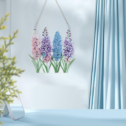 Image of Large Lavender Diamond Painting Suncatcher Hanging Kits for Adults | Flower DIY Hanging Diamond Art for Adults, Window & Wall Decor, 5D Crystal Diamond Art Pendant