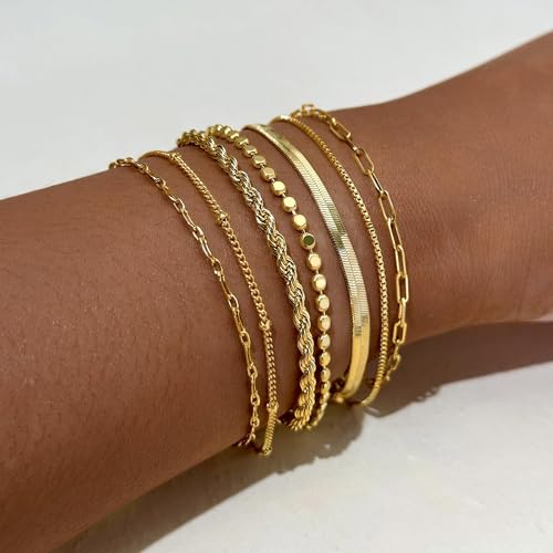 Gold Bracelets for Women,Dainty 14K Gold Plated Stack Set Trendy Stackable non tarnish Paperclip Chain Bracelets Gold Jewelry Sets Gifts for Women4