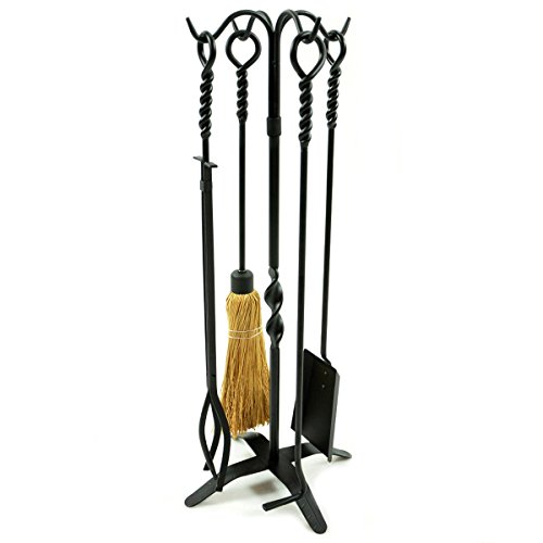 WoodEze FTKB05685TA 5 Piece Black Wrought Iron Fireplace Tool Set with Twist Design