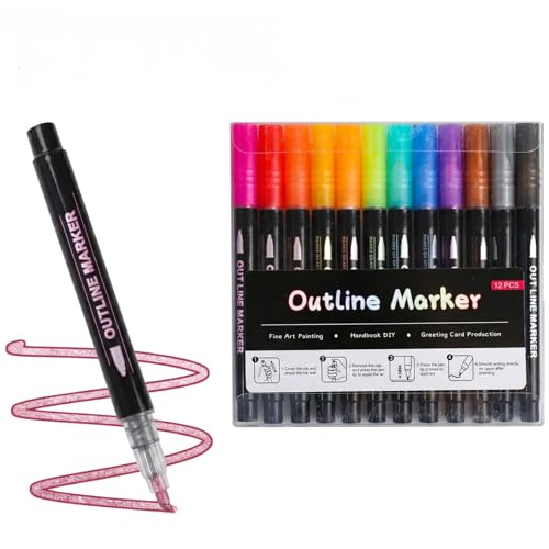 Zirax 12 Colours Outline Marker Pens Double Line Glitter Pens for Kids Teenage Girls Metallic Shimmer Markers for Easter Gifts Scrapbooking Birthday Cards DIY Art Crafts & School Stationery