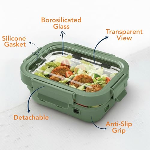 Image of Griplok Glass Lunch Box with Leakproof Lid, Borosilicate Food Storage Container with Silicone Sleeve, Airtight, Microwave /Dishwasher Safe (Forest Green, 1x640ml + 1x1050ml)
