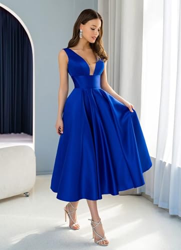 YUAOHUANG Satin Tea Length Homecoming Dress Corset Bridesmaid Dresses for Women Formal Gown with Pockets2