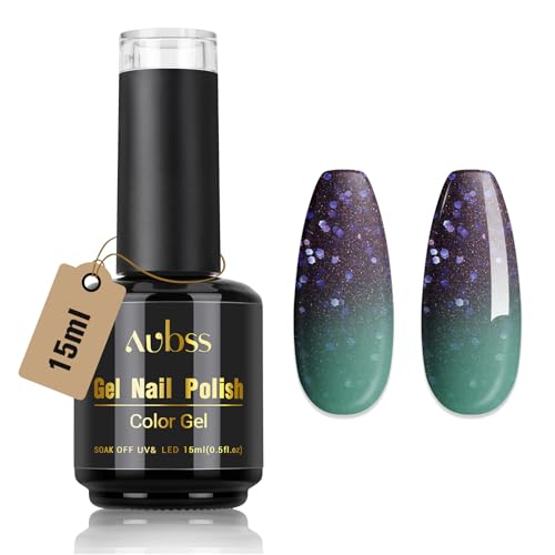 AUBSS Farbwechsel Sparkle Lila&Grün Glitzer Gel Nagellack,15ML Temperature Change Purple Soak Off Nail Gel Polish All Season Gel Nail Art Design DIY zu Hause für Mädchen Frauen (Farbe 5727）