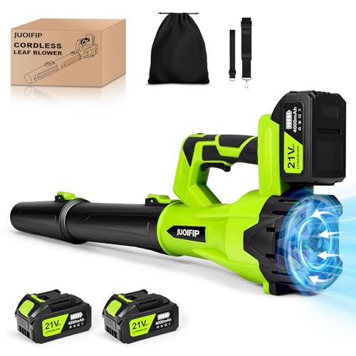 JUOIFIP 21V Akku-Laubbläser, Elektrischer Laubbläser mit 6-Gang Schultergurt, 2x4Ah Akkus, 290 km/h, 1140m³/h, Kabellos Laubbläser für Garten, Laub,Staub & Schnee (Inklusive Batterie)