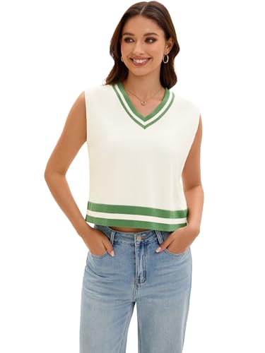 Image of Womens Cropped Sweater Vest V Neck Sleeveless Loose Fit Tank Tops Striped Knit Lightweight Pullover Fall Sweaters