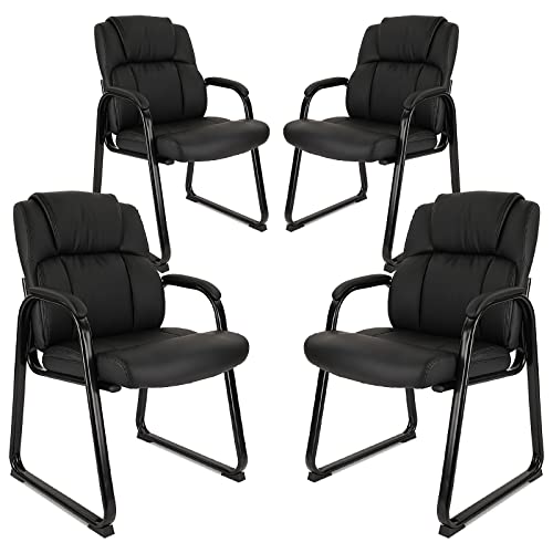 Image of CLATINA Classic Leather Soft Reception Chair with Padded Armrests and Sled Base, Executive Guest Chair for Office Computer Desk Conference Waiting Meeting Room, Black (4 Pack)