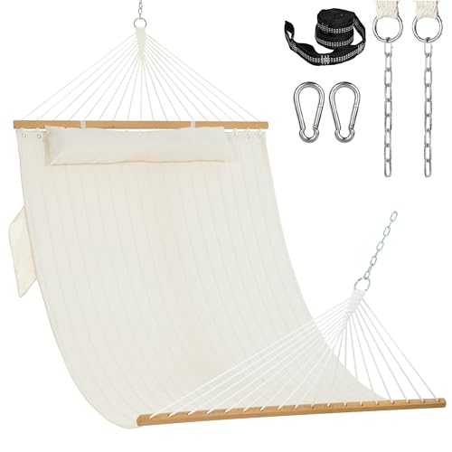 Lazy Daze Hammocks 2 Person Double Quilted Fabric Hammock with Spreader Bar, Detachable Pillow, Side Pocket, Carabiners, Chains, Straps for Outdoor, 450lbs Capacity, Natural