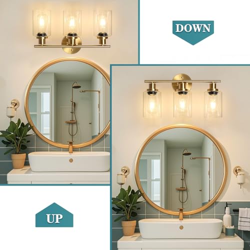 Image of Unicozin Modern Bathroom Light Fixtures, 3 Light Vanity Lights, Gold Wall Lamp with Clear Glass for Bathroom, Mirror, Living Room, Bedroom, Hallway, E26 Base
