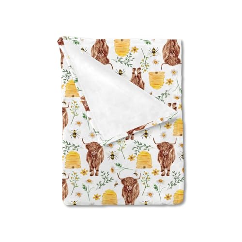 Image of HawSkgFub Spring Highland Cow Daisy Flower Baby Blanket Girls Gift, Western Farm Animal Honey Bee Floral Flannel Fleece Nursery Bed Blankets, Soft Lightweight Newborn Infant Toddler Crib Bedding 30x40