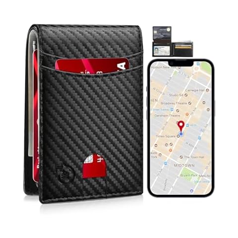 Smart Wallet For Men Work For Apple Find My (Ios Only) App, Slim Mens Wallet Tracker Bifold Credit Card Holder With 2 Id Window With Gift Box Rechargeable Battery. (Carbon &Black, Android) Cover
