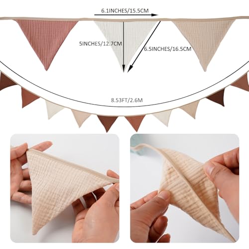 Uorbmaio Pennant Banners Bunting Flags Beige and Coffee, Garland Triangle Banners Fabric for Boho Shower Wedding Party Decorations Nursery Playroom Decor(Beige Coffee)