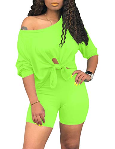 cailami Women's Sexy Summer 2 Piece Outfits Off Shoulder Tie Up Top Biker Shorts Set Tracksuit, X-Large, Light Green